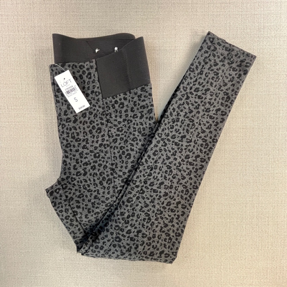 LOFT Leggings Womens S Gray Leopard Print Skinny Wide Elastic Waist New‎ NWT